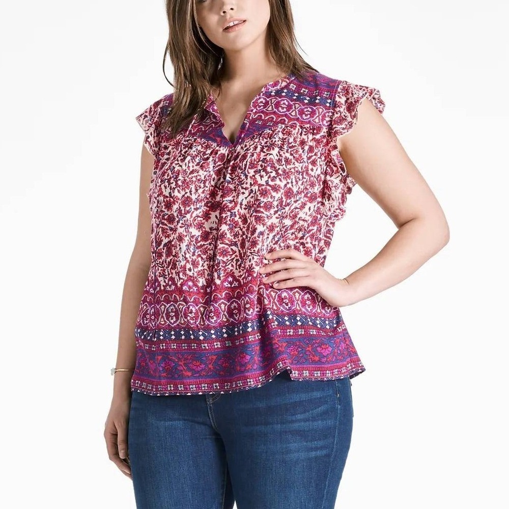 Lucky Brand Whimsigoth Boho Paisley‎ Top 1X Pink Floral Flutter Sleeve Blouse
